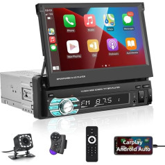 Viena DIN auto radio Carplay un Android auto, 7 collu manuāli nolokāms skārienjūtīgais ekrāns, Bluetooth spoguļsaite Android/iOS, FM, radio, SWC, USB Aux + aizmugures skata kamera