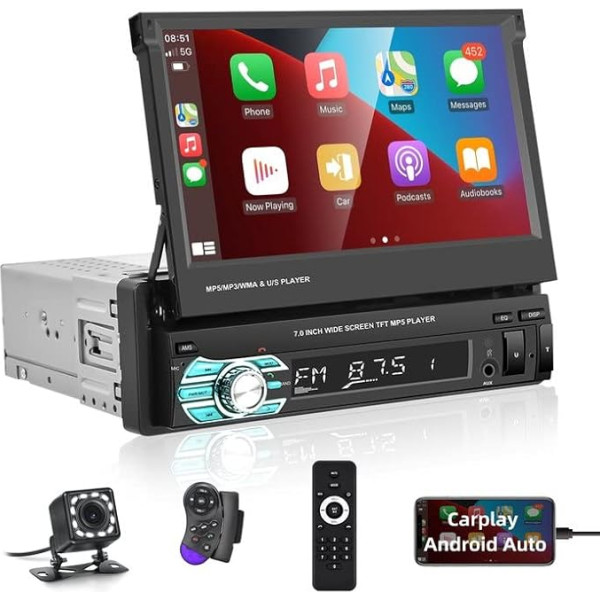 Viena DIN auto radio Carplay un Android auto, 7 collu manuāli nolokāms skārienjūtīgais ekrāns, Bluetooth spoguļsaite Android/iOS, FM, radio, SWC, USB Aux + aizmugures skata kamera