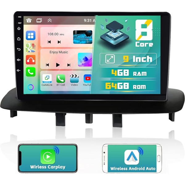 Hikity 8-core/4G + 64G priekš Renault Megane 3 2009-2014 Android 13 auto radio ar bezvadu CarPlay Android auto 9 collu skārienjūtīgais ekrāns Bluetooth ar navigāciju WiFi SWC DSP 59UI FM RDS Mic