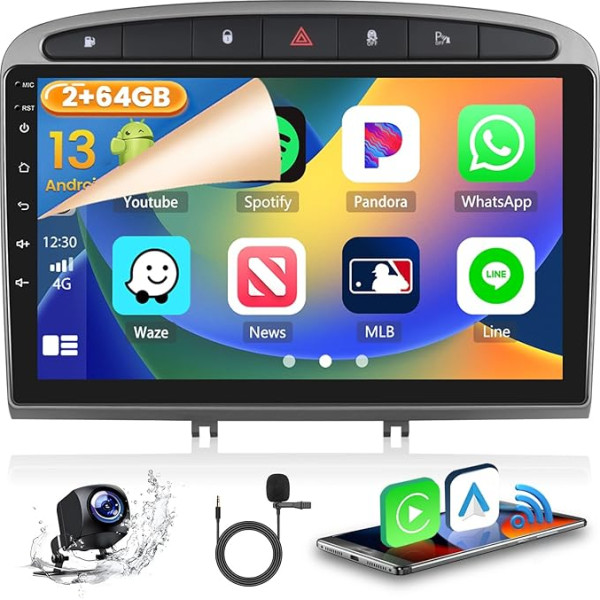 2GB + 64GB Android 13 Auto radio Peugeot 308/408 2007-2015 Radio Bezvadu CarPlay Android auto Bluetooth brīvroku Bluetooth 9 collu ekrāns Auto radio ar navigāciju atpakaļgaitas kamera WiFi FM RDS SWC