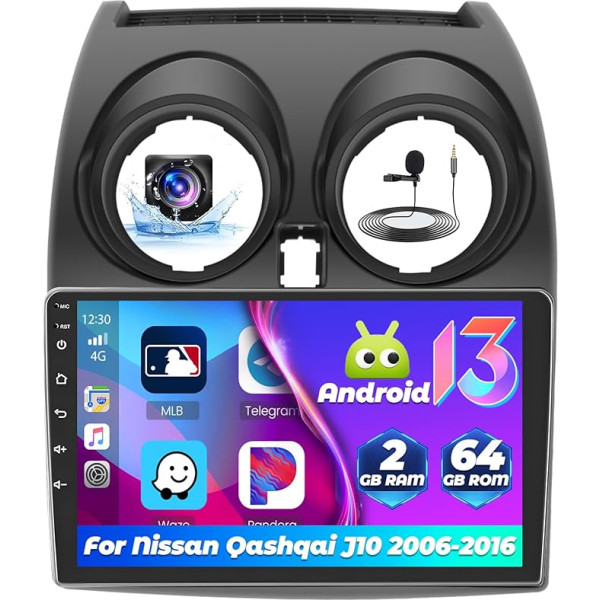 2+64G Hikity Android 13 Autoradio für Nissan Qashqai 2006-2016 mit Wireless CarPlay Android Auto, 9 Zoll Touchscreen Bluetooth Autoradio mit GPS WiFi FM RDS Rückfahrkamera