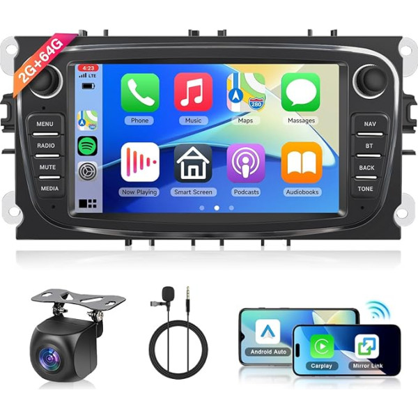 Hodozzy 2G + 64G Android auto radio Ford Focus II S-Max Mondeo Galaxy Il C-Max Kuga, 7 collu skārienjūtīgais ekrāns GPS navigācija ar Carplay Android Car, auto radio 2 DIN Bluetooth, WiFi, FM/AM/RDS radio,