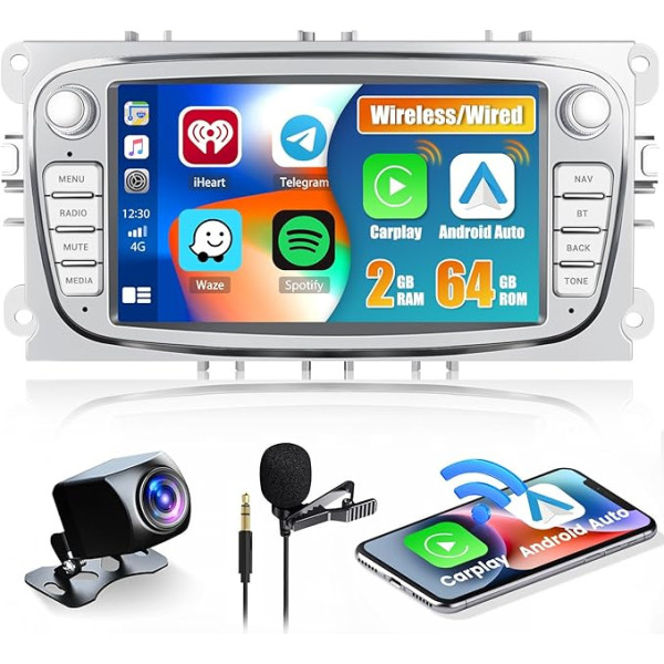 Hikity Android 13 auto radio priekš Ford Focus MK3 Mondeo C-Max S-Max, bezvadu Carplay Android auto radio ar navigāciju 7 collu ekrāns Auto radio Bluetooth FM WiFi SWC Mirror Link