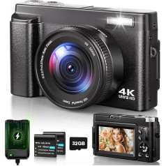 Digitālā kamera 4K, 48MP 16X automātiskās fokusēšanas digitālā tālummaiņas fotokamera, 3 collu 180° Flip LCD ekrāns, HD kompaktā videokamera ar uzlādes staciju, 2 x 800 mAh baterijas, 32 GB karte iesācējiem, bērniem