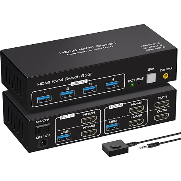 VPFET HDMI KVM slēdzis 2 PC 2 monitori 4K60Hz USB 3.0 KVM slēdzis Divi monitori ar 4 USB pieslēgvietām Atbalsta kopēšanu un paplašinātu displeja un darbvirsmas vadību Komplektā ietilpst 2 USB 3.0 kabeļi