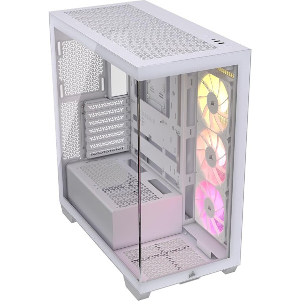 CORSAIR 3500X ARGB Mid-Tower ATX PC korpuss - rūdīts panorāmas stikls - saderīgs ar reversā savienojuma pamatplatēm - 3X CORSAIR RS120 ARGB ventilatori komplektā - balts