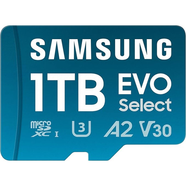 Samsung EVO Select (2024) microSD karte + SD adapteris, 1TB, UHS-I U3, 4K UHD, Full HD, 160MB/s lasīšana, atmiņas karte viedtālruņiem, planšetdatoriem un klēpjdatoriem, MB-ME1T0SA/EU