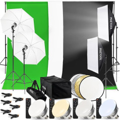 PIXETOOL fotostudijas komplekts - zaļais ekrāns ar statīvu (3 m x 3 m) - Softboksa caurspīdīgo lietussargu lampu komplekts - 3 x foto fons - atstarotājs - spēļu straumēšanas fotoattēlu zaļais ekrāns - studijas apgaismojums