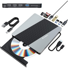 SUIDEK išorinis CD DVD diskas, USB 3.0 USB C, nešiojamasis CD DVD-+/-RW įrašymo įrenginys, CD grotuvas nešiojamajam kompiuteriui su SD/Micro SD kortelių skaitytuvu, 8 in 1 koncentratorius, suderinamas su nešiojamaisiais kompiuteriais, Mac, PC, Win