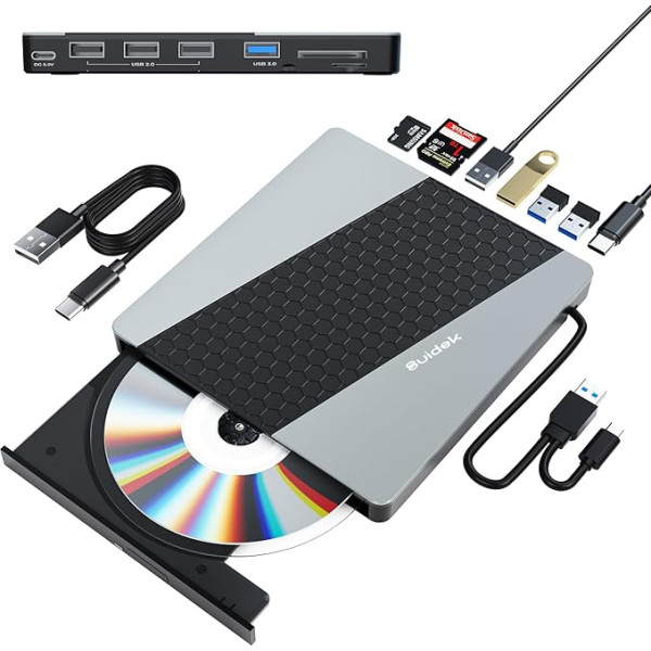 SUIDEK ārējais CD DVD disks, USB 3.0 USB C, pārnēsājams CD DVD-+/-RW ierakstīšanas CD atskaņotājs klēpjdatoram ar SD/Micro SD karšu lasītāju, 8 in 1, saderīgs ar klēpjdatoru, Mac, PC, Windows, Linux