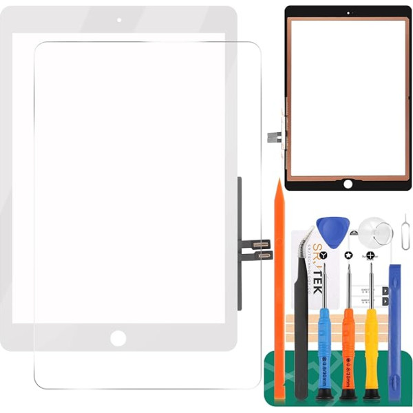 iPad 9.7 2018 A1893 A1954 skārienjūtīgā ekrāna digitalizatora stikls Skārienjūtīgā ekrāna digitalizatora stikls iPad 6 A1893 A1954 komplektā ar rūdīto stiklu + instrumenti (ne LCD, bez sākuma pogas) (Balts)