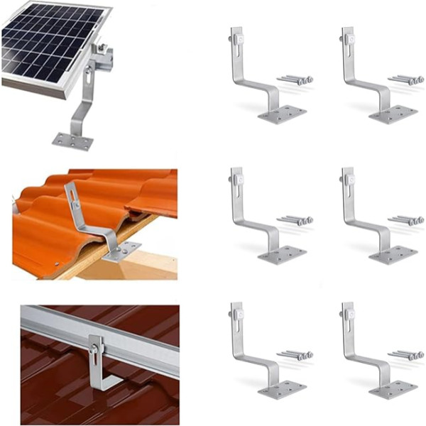 PV balkona elektrostacijas turētāja jumta āķi, 6 iepakojuma saules paneļu saules bateriju jumta āķi Alumīnija saules moduļu turētāja dakstiņu jumts Piemērojams saules paneļu biezums 30-35 mm Montāžas jumta dakstiņu nerūsējošā tērauda