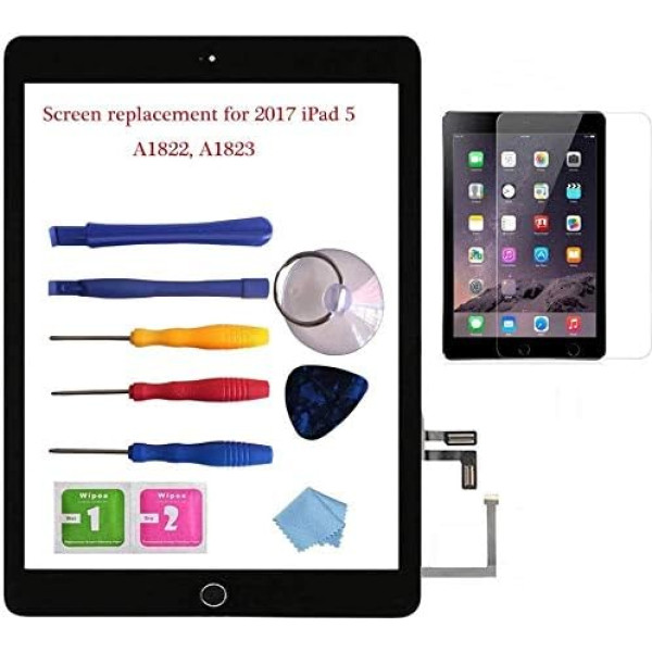 NewHail 2017 iPad 5 stikla skārienjūtīgā ekrāna digitālizatora nomaiņas komplekts melns A1822, A1823 ar Home Button Flex, līmlenti, ekrāna aizsargplēvi, lietotāja rokasgrāmatu un remonta instrumentu komplektu