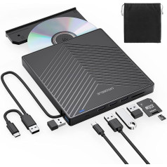 ORIGBELIE Ārējais DVD diskdzinis, īpaši plāns CD ierakstītājs USB 3.0 ar 4 USB pieslēgvietām un 2 TF/SD karšu slotiem, Plug and Play ārējais CD disks portatīvajam datoram Mac, PC Windows 11/10/8/7 Linux OS