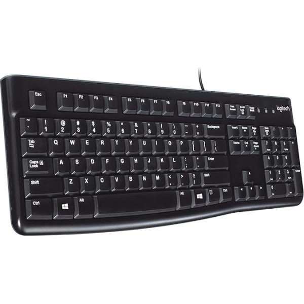 Logitech K120 Business vadu tastatūra Windows un Linux operētājsistēmām, USB ports, Silent Touch, izturīga, noturīga pret šļakatām, tastatūras statīvs, spāņu QWERTY izkārtojums