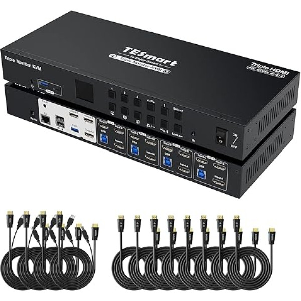 TESmart USB 3.0 HDMI KVM slēdzis 3 monitoriem 4 datoriem, KVM slēdzis ar EDID emulatoru, karsto taustiņu slēdzi un austiņām, audio un mikrofonu, 4K60Hz, 4 portu HDMI KVM slēdzis ar kabeli