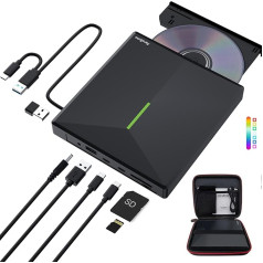 PeroBuno ārējais CD/DVD disks ar 4 USB pieslēgvietām un 2 TF/SD karšu slotiem, portatīvais USB 3.0 CD/DVD disks klēpjdatoram, MacBook, galddatoram, Windows 11/10/8/7/XP, Linux, Mac OS ar kastīti