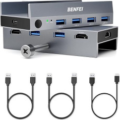 BENFEI HDMI 2.1 KVM slēdzis 8K@60Hz 4K@240Hz/165Hz/144Hz/120Hz, USB 3.0 slēdzis 4 USB porti 1 monitora un tastatūras, peles, printera, U diska koplietošanai 2 datoriem ar 2 USB kabeļiem un kontrolieri