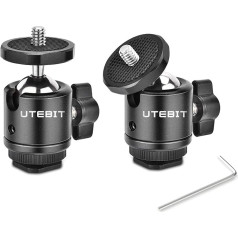 UTEBIT 2 Pack Mini lodveida galva ar 1/4 collu Hot Shoe stiprinājuma adapteri 360 grādu rotējoša alumīnija statīva lodveida galva monopodiem DSLR kamerām HTC Vive videokameru gaismas statīvs Maksimālā slodze 5,5 lbs