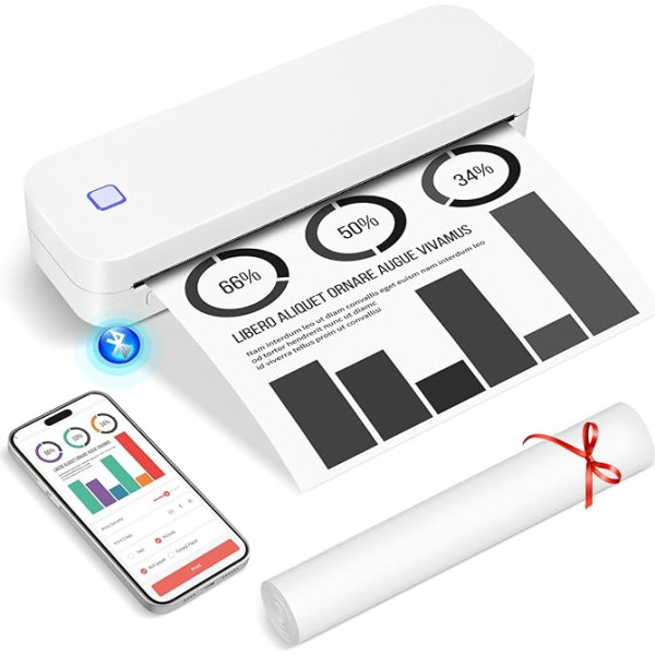 GuKKK mobilais A4 mini printeris, A4 portatīvais termoprinteris, neliels Bluetooth termoprinteris, atbalsta A4 termopapīru 210 x 297 mm (balts)