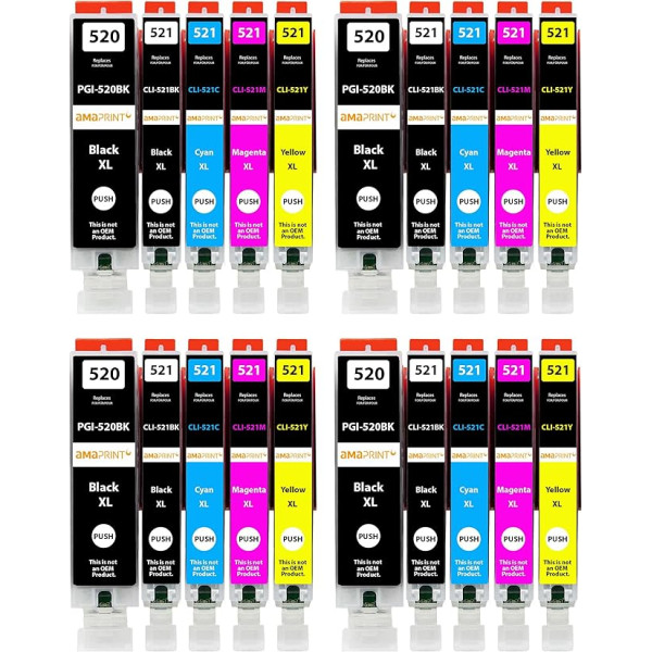 Amaprint 20 XL kasetnes saderīgas ar Canon PGI 520 CLI 521 Piemērots Pixma IP3600 IP4600 IP4700 MP540 MP550 MP560 MP620 MP630 MP640 MX860 MX870