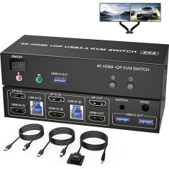 USB 3.0 KVM slēdzis 2 monitoriem DisplayPort HDMI 4K @ 60Hz Extended Display, divu monitoru KVM slēdzis ar audio mikrofona izeju un 3 USB 3.0 pieslēgvietām, tastatūras peles PC monitora slēdzis 2 PC 2 monitori