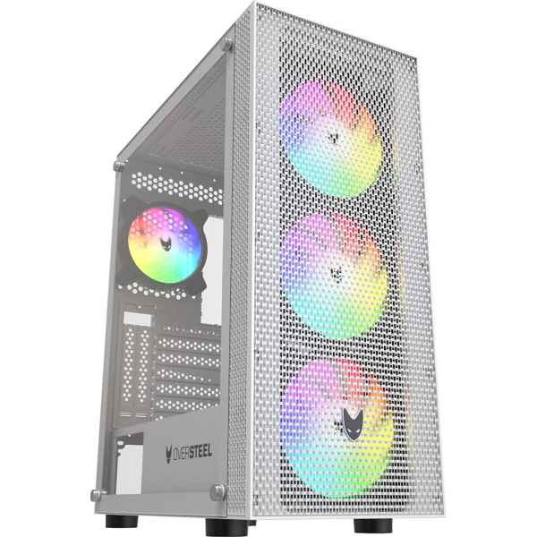 Oversteel - Azurite Gaming PC korpuss, saderīgs ar ATX, Micro ATX un ITX platēm, 4 120 mm A-RGB ventilatori, sieta priekšējā daļa, vertikāls stiprinājums, rūdīts sānu stikls, USB 3.0, balts