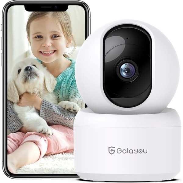 GALAYOU 2K iekštelpu videonovērošanas kamera, WiFi IP kamera, iekštelpu videonovērošanas WiFi kamera, 360° suņu kamera, automātiska izsekošana, divvirzienu audio, bērnu monitora kamera, darbojas ar Alexa G2