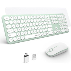 XTREMTEC pilna izmēra bezvadu tastatūra un pele, USB 2,4 GHz savienojums, retro apaļa rakstāmmašīnas tastatūra, īpaši plāna, klusa, mīļa datora tastatūra Windows, Mac, planšetdatoram (zaļa)