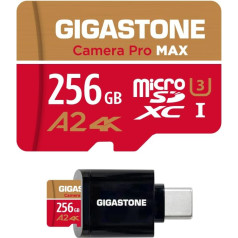 [5 gadu bezmaksas datu atjaunošana] GIGASTONE 256GB Micro SD karte ar USB 3.2 C tipa karšu lasītāju, 4K Camera Pro MAX, A2 V30 MicroSDXC atmiņas karte GoPro, 4K UHD video, līdz 130/85MB/s