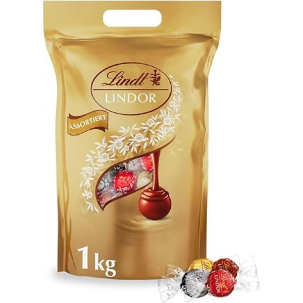 Lindt LINDOR šokolādes bumbiņas Classic Mix, aptuveni 80 šokolādes bumbiņas (pilnpiena, baltā, tumšā 60%, lazdu riekstu), beramā iepakojumā, 1 kg