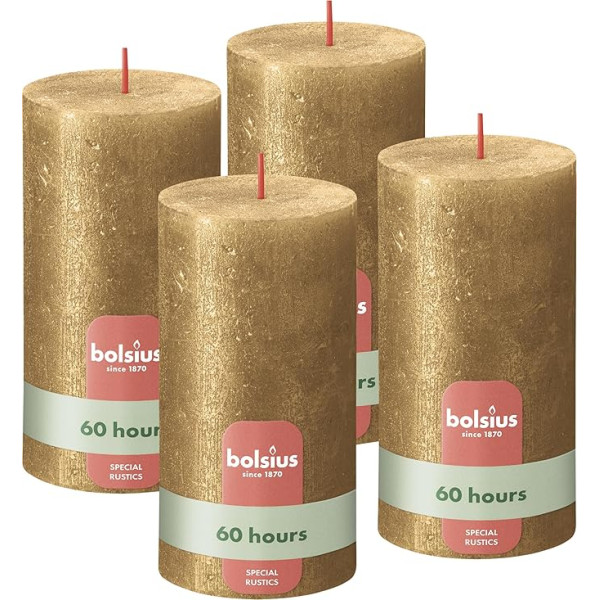 Bolsius Rustic Pillar Candles - Zelta mirdzums - 4 dekoratīvās mājas sveces - degšanas laiks 60 stundas - bez aromāta - dabīgs augu vasks - bez palmu eļļas - 13 x 7 cm