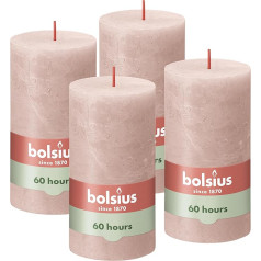 Bolsius Rustic Pillar Candles, gaiši rozā krāsā, 4 gab., dekoratīvās mājas sveces, degšanas laiks 60 stundas, bez aromāta, dabīgs augu vasks, bez palmu eļļas, 13 x 7 cm