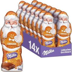 Milka Santa Claus piparkūku garša, 14 x 100 g, šokolādes Ziemassvētku vecīša garša, liels iepakojums, Ziemassvētku šokolāde, izgatavota no 100% Alpu piena ar garšvielām un smalkmaizītes gabaliņiem