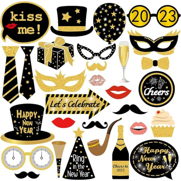 Dusenly 30gab 2024 Silvester Party Photobooth Requisiten Glitter Happy New Year Selfie Requisiten 2024 Neujahr Party Dekoration