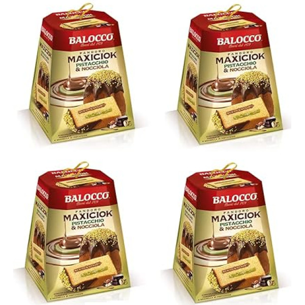 4 x Balocco Pandoro Maxiciok Pistacchio e Nocciola Ziemassvētku konfektes, pildītas ar pistāciju un lazdu riekstu krēmu, pārklātas ar tumšo šokolādi un sasmalcinātām karamelizētām pistācijām 800 g