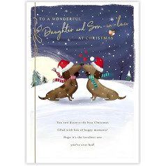 Weihnachtskarte für Tochter und Schwiegersohn - Dackel-Hunde in Weihnachtsmannmützen - künstlerisches festliches Design - spezielle Oberflächen - hergestellt in Großbritannien - umweltfreundlich