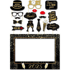 SWSATYW 2024 Glitter Happy New Year's Eve Party Decoration Photo Booth Props Supplies with Paper Frame (Pack of 17)