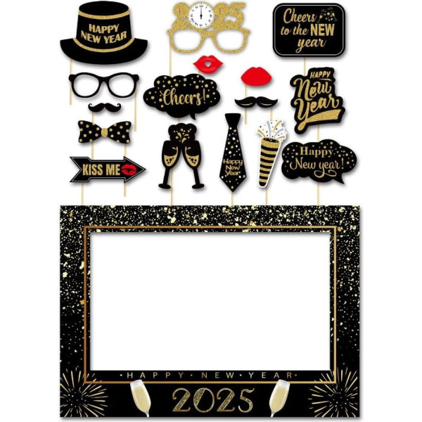 SWSATYW 2024 Glitter Happy New Year's Eve Party Decoration Photo Booth Props Supplies with Paper Frame (Pack of 17)