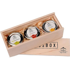 Genussbox - garšvielu kaste ar čili sāli, alus sāli, priedes dūmu sāli no rokām darinātas portugāļu avota sāls kā dāvanu komplekts augstas kvalitātes koka kastē Dāvanu komplekts vīriešiem un sievietēm