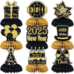 INRUI 9 Stück Happy New Year Waben-Mittelstücke 3D 2025 Silvester Thema Dekorationen Schwarz Gold Glitzer Silvester Party Tischdekoration Supplies