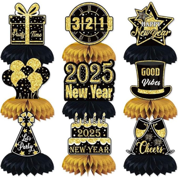 INRUI 9 Stück Happy New Year Waben-Mittelstücke 3D 2025 Silvester Thema Dekorationen Schwarz Gold Glitzer Silvester Party Tischdekoration Supplies