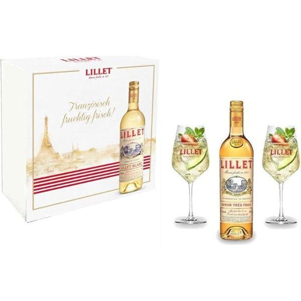 Lillet Geschenkset - Lillet Blanc Aperitiv de France 750ml (17% tilpuma) + 2 Lillet Gläser