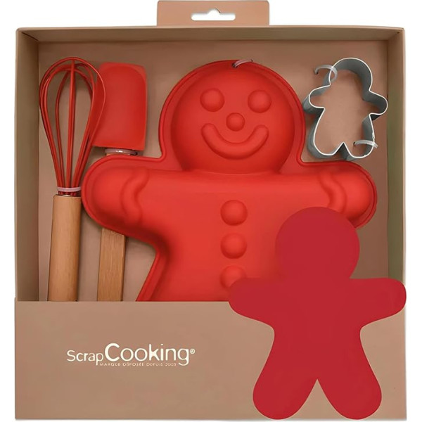 ScrapCooking 1137 Ziemassvētku cepšanas komplekts bērniem - Piparkūku vīriņš - dāvanu komplekts ar 4 piederumiem: Slotiņa, karote, forma un griezējs - koka silikona un skārda plāksne - kūkas cepumi - 1137