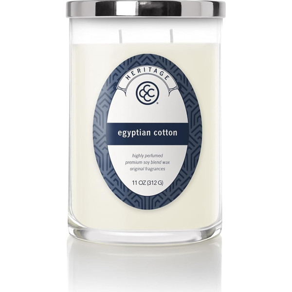 Colonial Candle Aromatizēta svece stiklā ar vāciņu, Ēģiptes kokvilna, aromātiska svece, svaiga veļa, svece ar vairākiem daktīm, ilgs degšanas laiks (80 H), svece balta (312 g)