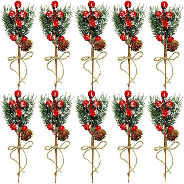 Joakaui Künstliche Tannennadeln mit roten Beeren, Weihnachtsbaumschmuck für Weihnachten, Party, Ostern, Erntedankfest, Dekoration, Girlande, Tischdekoration, 10 Stück