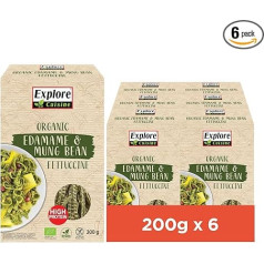 Explore Cuisine Organic Fettuccine no Edamame (zaļās sojas pupiņas) un Mung pupiņām - makaroni bez lipekļa, augu olbaltumvielu makaroni, bez piedevām, ar zemu ogļhidrātu saturu, vegāni, 6 x 200 g