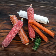 Wurstbaron® - Gardēžu desu degustācijas iepakojums ar Bavārijas desu desu desu desām un Bavārijas gardumiem - 4 šķirņu salami un 2 desu desas - 750 g