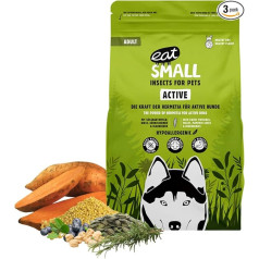 EAT SMALL Active suņu barība 3 x 2 kg, sausā barība ar kukaiņiem, ilgtspējīga, hipoalerģiska, pieaugušiem suņiem, aktīviem suņiem līdz 25 kg, pilnvērtīga barība, atbalsta locītavas, muskuļus un izturību.