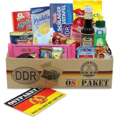 Ostpaket Mini ar 13 tipiskiem produktiem no DDR specialitātes īpašā iepakojumā dāvanu komplekts Austrumu produkti DDR - dāvanu ideja